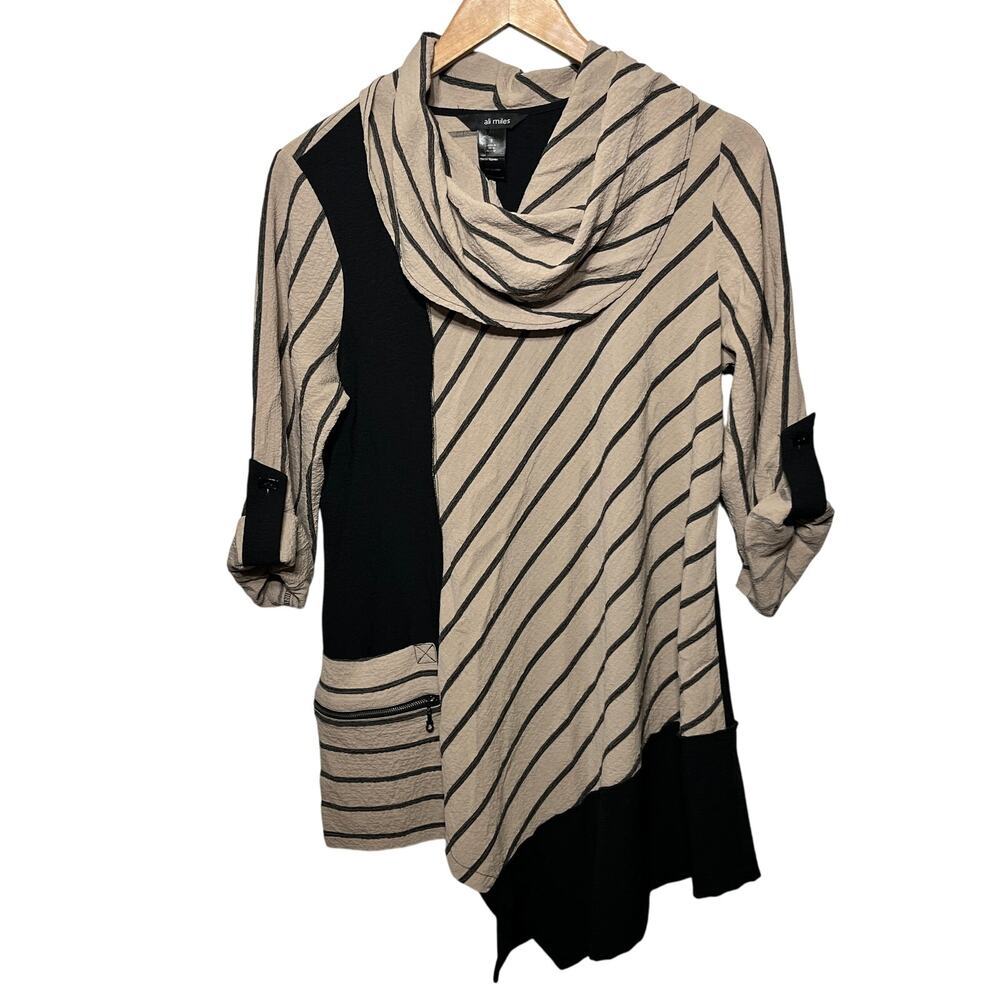 Ali Miles Top Tunic Cowl Neck Knit Black Beige Tan Lagenlook Artsy Striped S